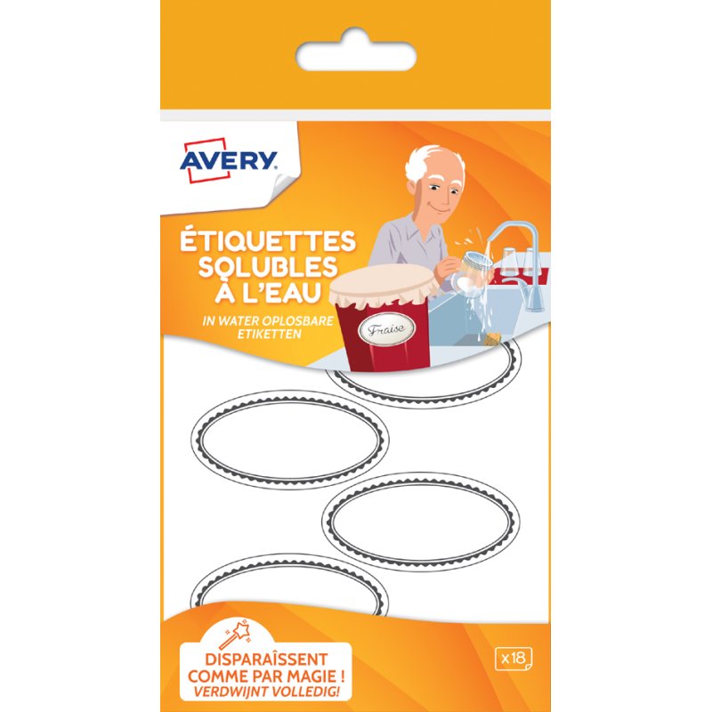 AVERY étiquettes solubles à l'eau, ovale, blanc avec bordure grise, 18 pièces