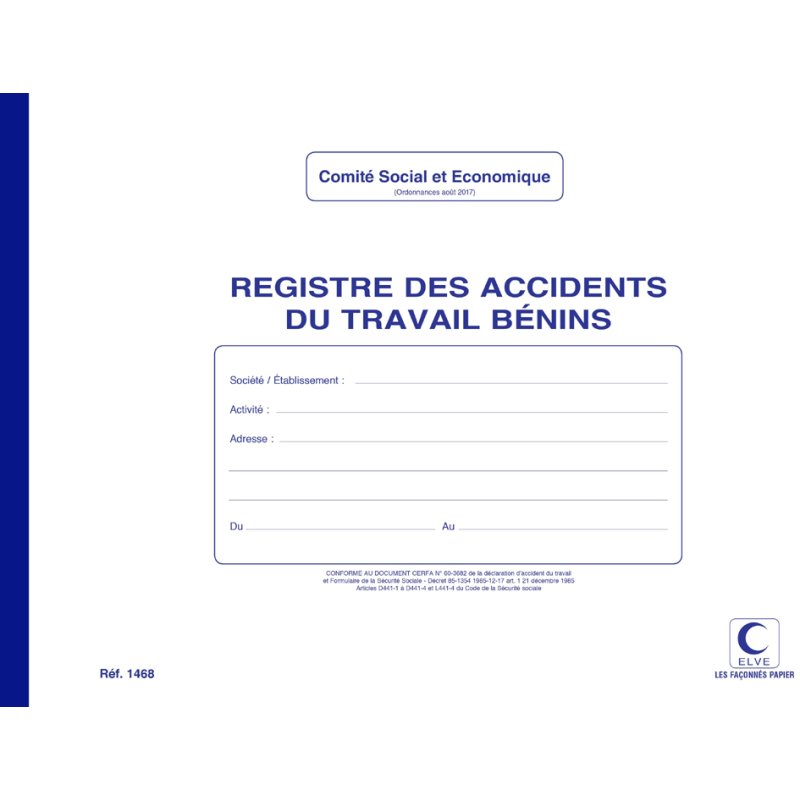 ELVE registre d'accidents pour légers accidents du travail, blanc/bleu, A4, 20 pages