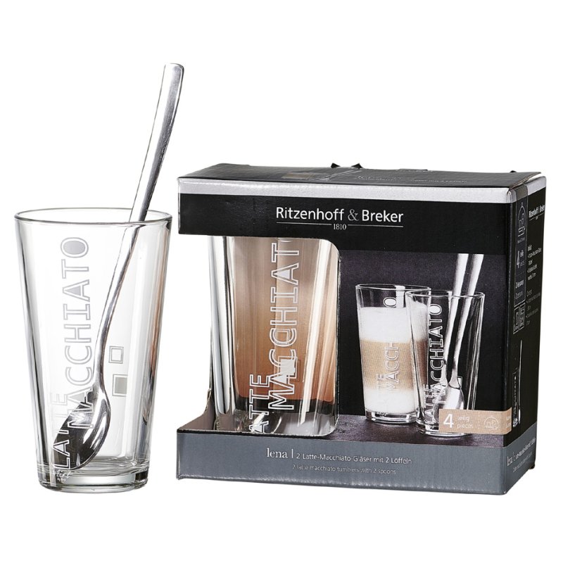 Ritzenhoff & Breker latte macchiato glazen set LENA, 2 glazen + 2 lepels, vaatwasserbestendig