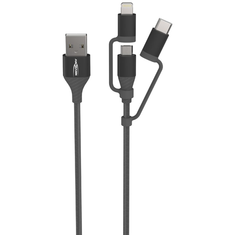 ANSMANN 3-in-1 data- en oplaadkabel Lightning/USB-C/Micro-USB, grijs, 1,2 m