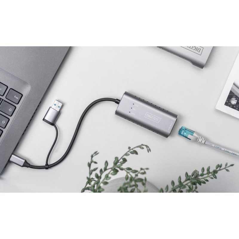 DIGITUS Adaptateur USB-C vers Ethernet, 2,5 Gbps, port USB-A, gris