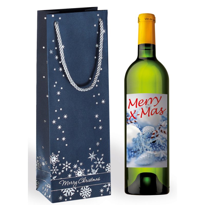 sigel sachet à bouteille avec flocons de neige argentés, carton 230 g/m², 125×85×360 mm