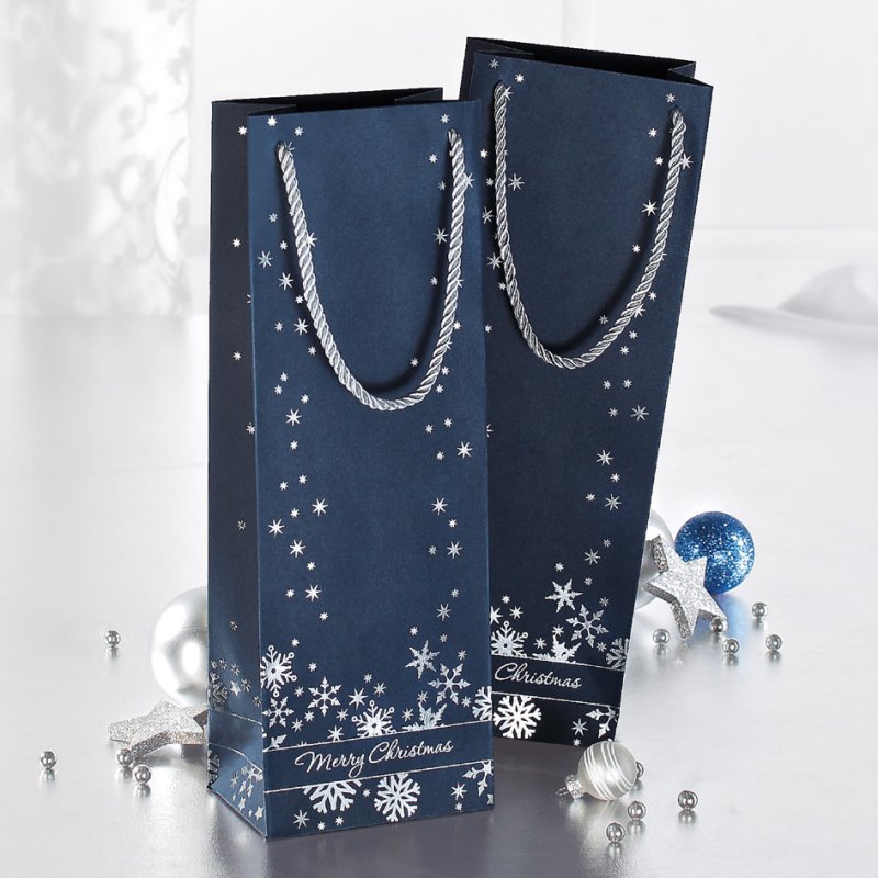 sigel sachet à bouteille avec flocons de neige argentés, carton 230 g/m², 125×85×360 mm