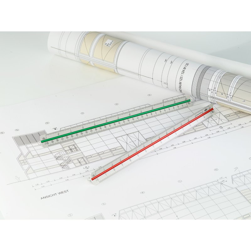 WEDO triangular architect's scale, silver, coloured grooves, 300 mm