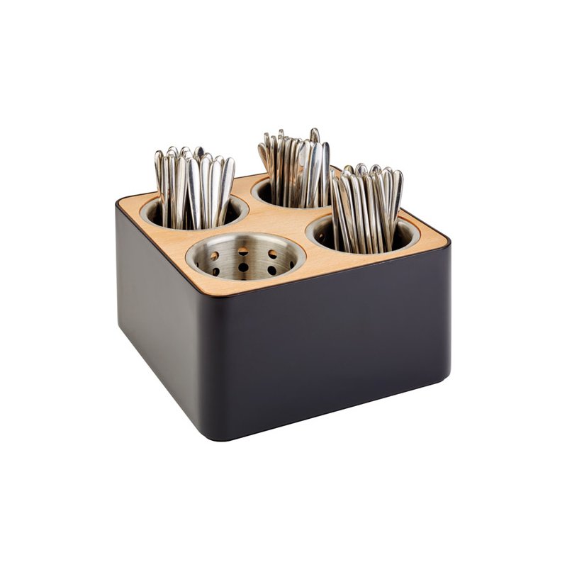 APS bac à couverts 4 compartiments, bois/plastique, 270×270×150 mm