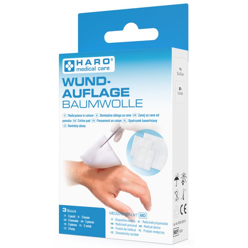 HARO cotton wound compresses, white, 3-pack, various sizes