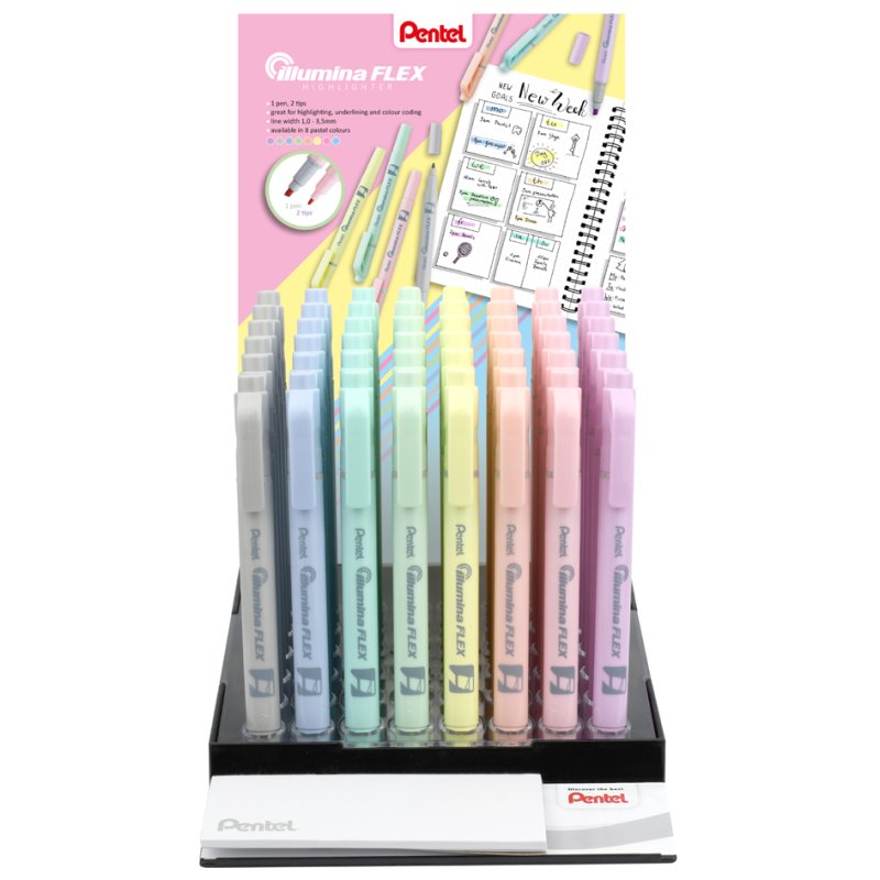 Pentel Illumina Flex Pastel highlighters, dual tip, 8 colours, 48-piece display
