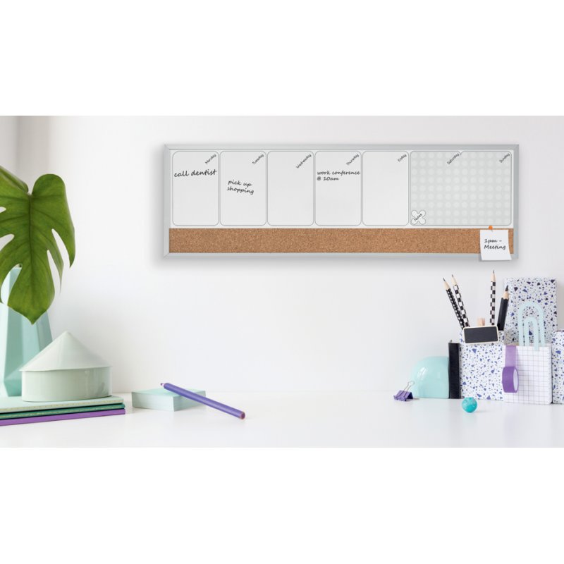 nobo weekplanner tableau blanc avec liège, blanc/naturel, 585 × 190 mm, magnétique