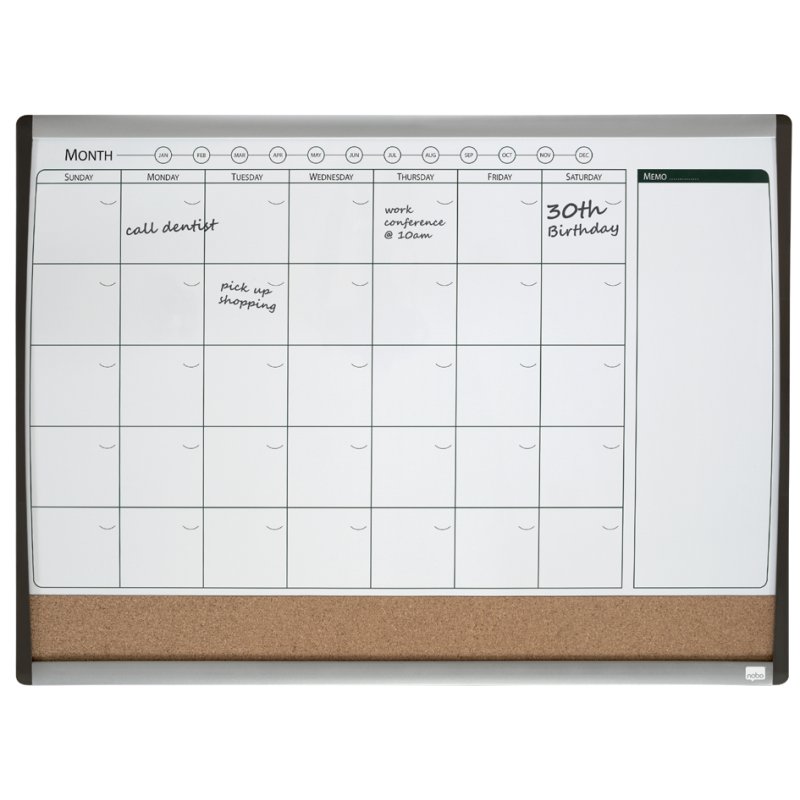 Nobo combi tableau blanc avec grille calendrier, noir-argent, 585 × 430 mm
