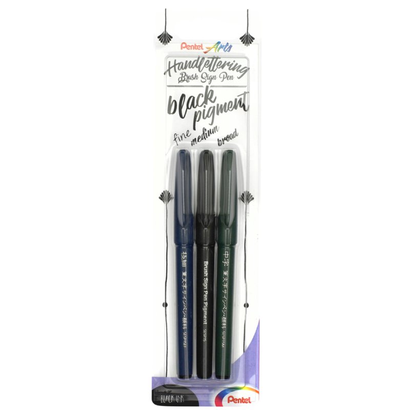 Pentel Sign Pen Brush calligraphy pen, flexible brush tip, black, pack of 3