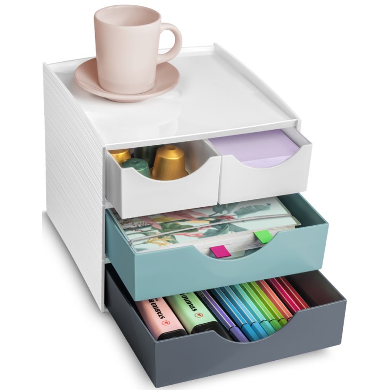 cep Bloc de tiroirs Mini MyCube Riviera, blanc/bleu/gris, 4 tiroirs, polystyrène, 185×185×175 mm