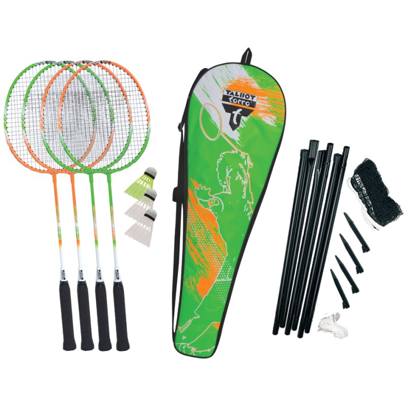 TALBOT torro badmintonset 4 Aanvaller Plus, 4 rackets, 3 shuttles, complete set