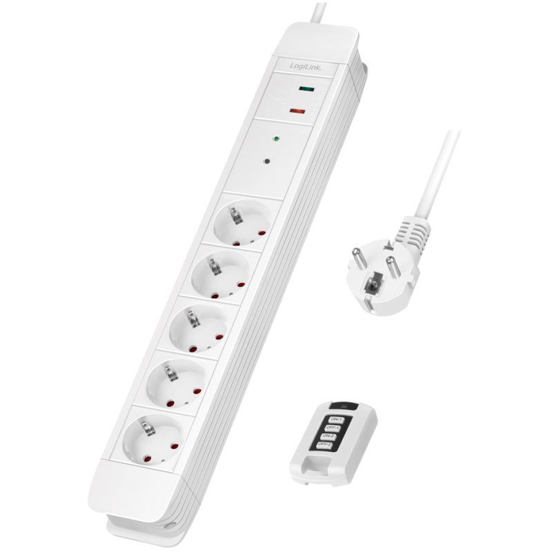 LogiLink power strip with remote control, white, 1.5 m cable
