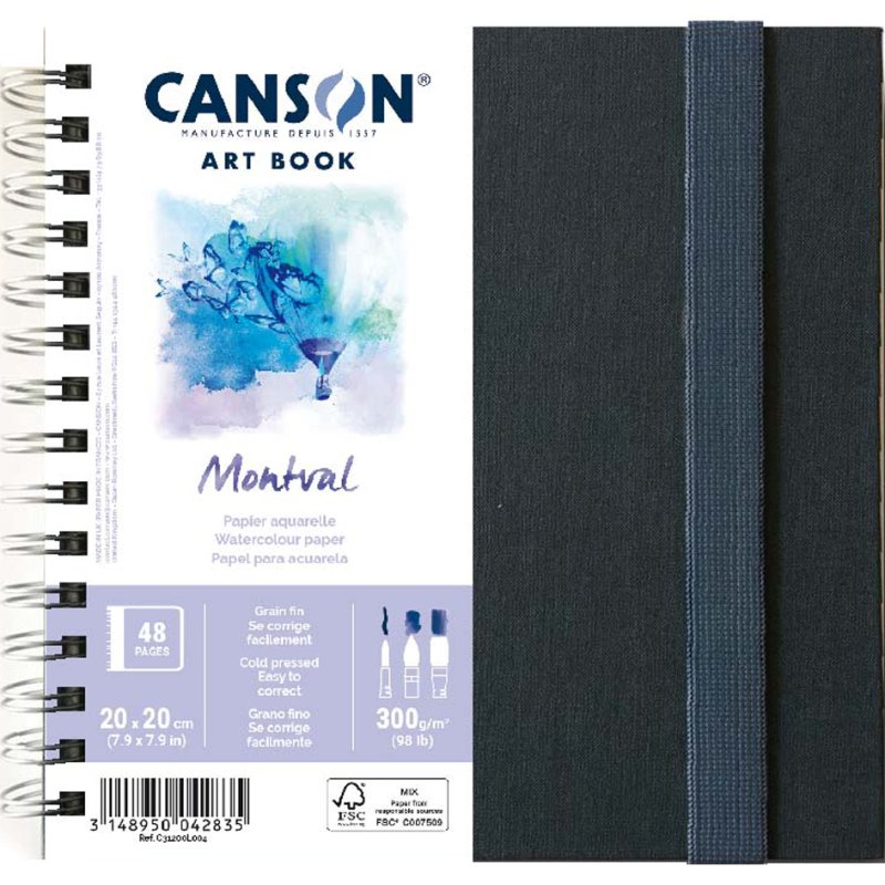 CANSON carnet de croquis ART BOOK Montval, noir, 200×200 mm, papier aquarelle, 24 feuilles