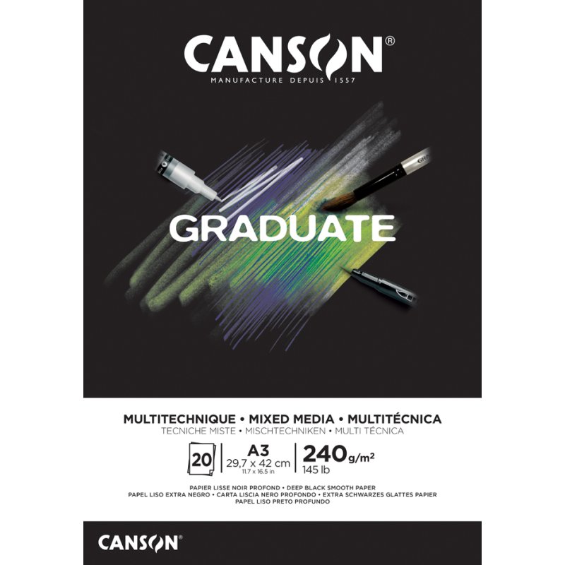 CANSON bloc de dessin Graduate Mixed Media, noir, A5, 20 feuilles