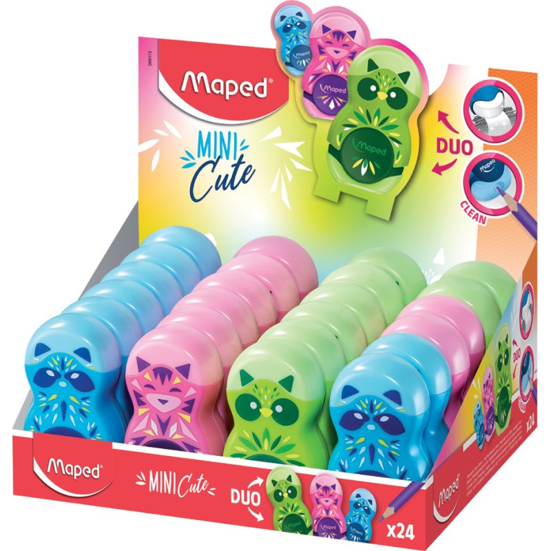 Maped Loopy MINI CUTE pencil sharpener and eraser combination, coloured animal figures, 24 pieces