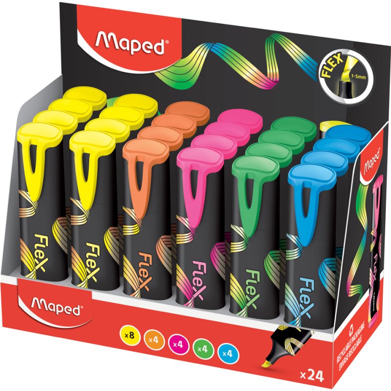 Maped highlighters FLEX, flexible tip, assorted colours, 24 pieces