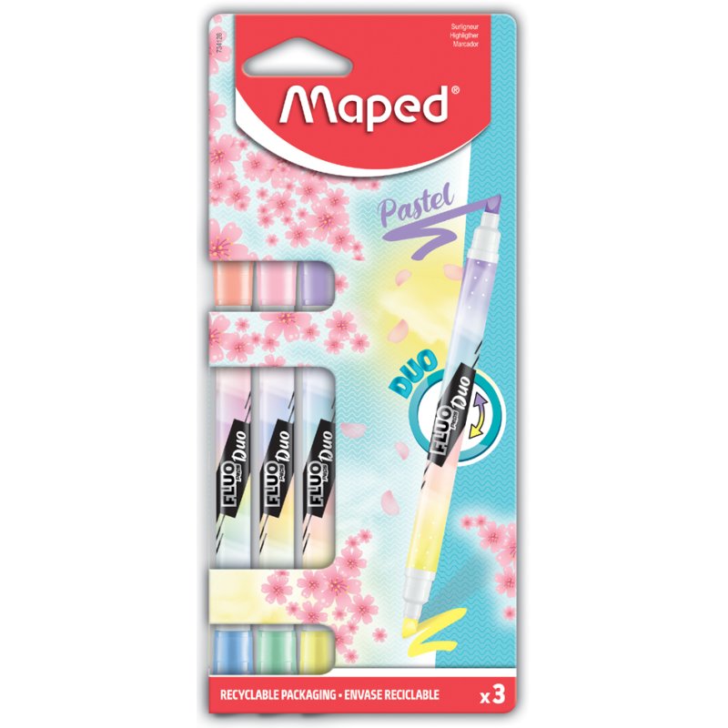 Maped surligneurs FLUO'PEPS DUO Pastel, 2 pointes, couleurs pastel, 3 pièces