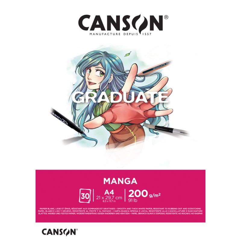 CANSON Graduate Bloc de dessin Manga A4, blanc, 30 feuilles, 200 g/m²