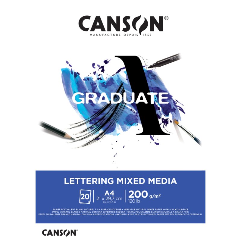 CANSON bloc de dessin Graduate Lettering Mixed Media, A3, blanc, 20 feuilles