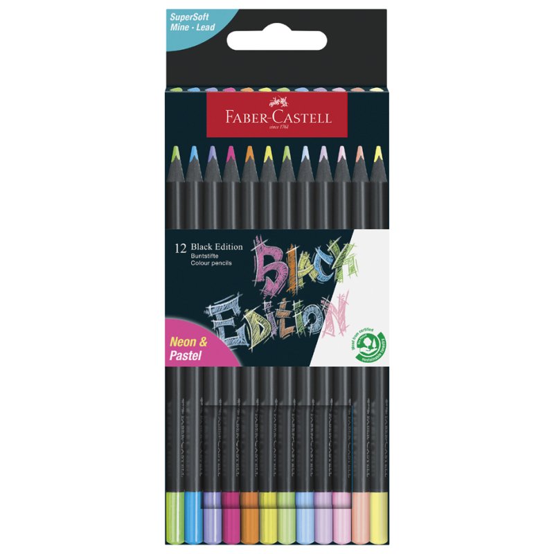 Faber-Castell crayons triangulaires Black Edition, néon & pastel, 12 pièces