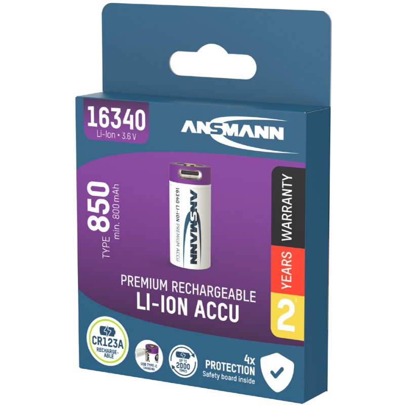 ANSMANN Li-Ion accu 16340, USB-C aansluiting, 850 mAh, 3,6 V