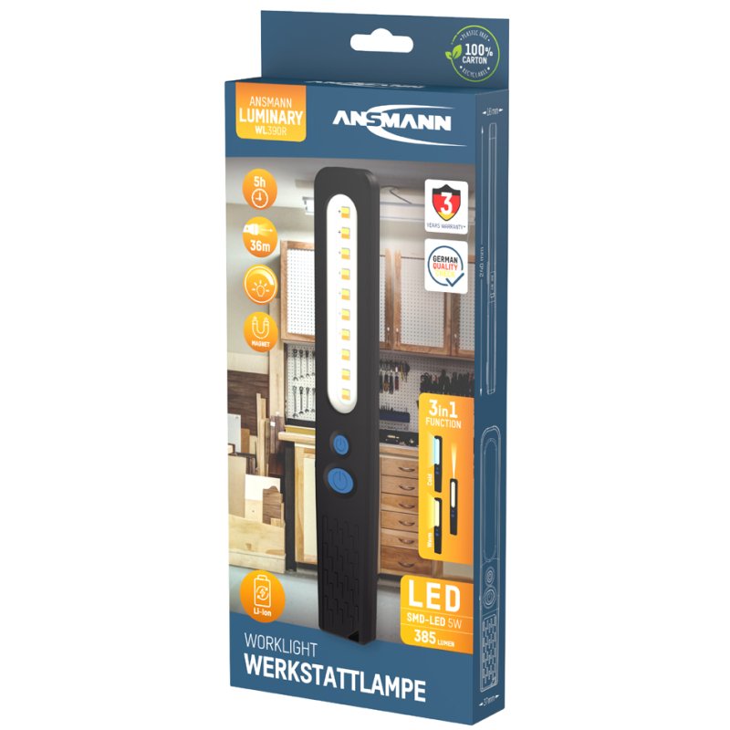 ANSMANN Lampe de travail LED WL390R, noir/bleu, 385 lumens, rechargeable