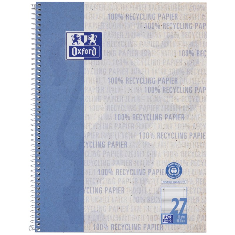 Oxford bloc de cours papier recyclé A4+, blanc, vert, 80 feuilles