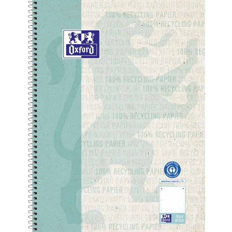 Oxford bloc de cours papier recyclé A4+, blanc, vert, 80 feuilles