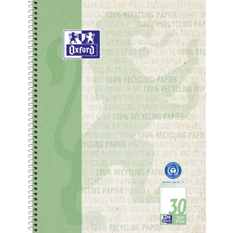 Oxford bloc de cours papier recyclé A4+, blanc, vert, 80 feuilles
