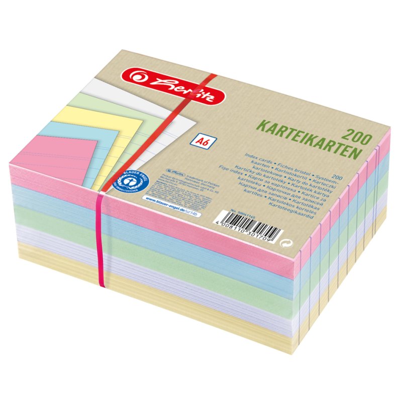 herlitz recycled lined index cards A6, assorted, 200 pieces