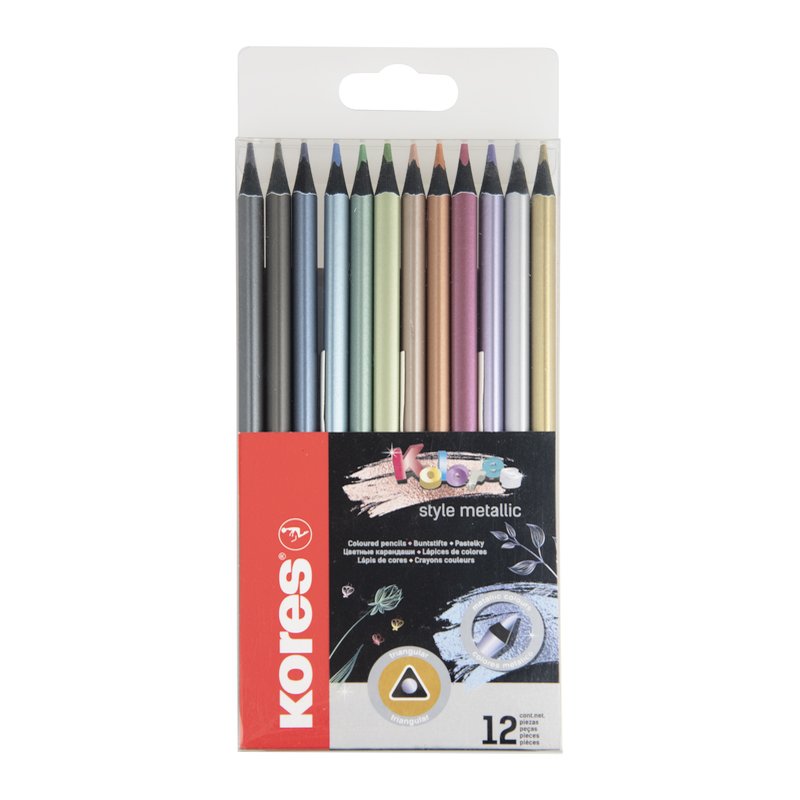 Kores crayons triangulaires couleur Kolores Metallic Style, 12 couleurs métalliques, bois de tilleul, 12 pièces