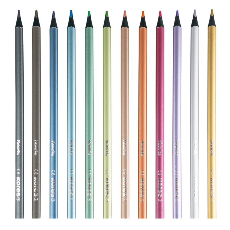 Kores Kolores Metallic Style triangular colouring pencils, 12 metallic colours, lime wood, 12 pieces