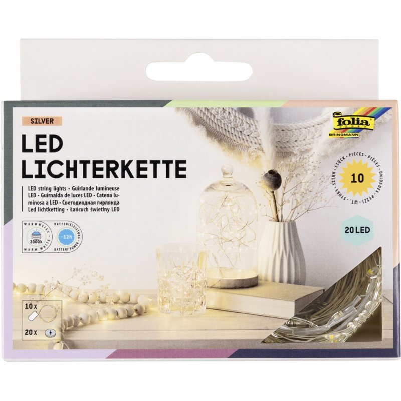 folia LED mini lichtslinger op batterijen, 20 LEDs, warmwit, 10 stuks