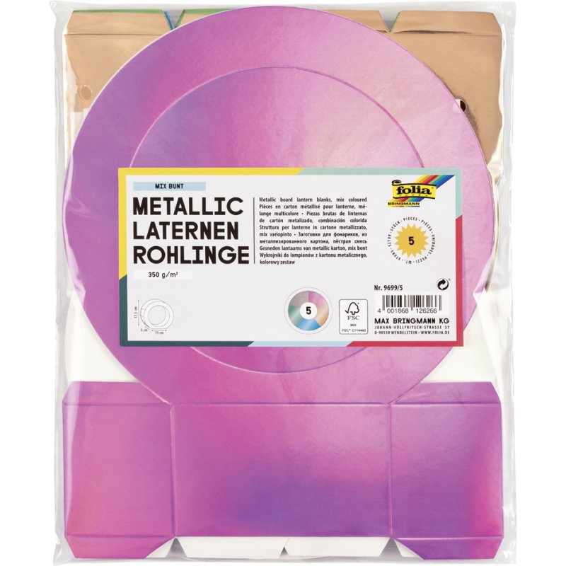 folia lantaarn-uitsnijdingen metallic, rond, gekleurd gesorteerd, 5 stuks