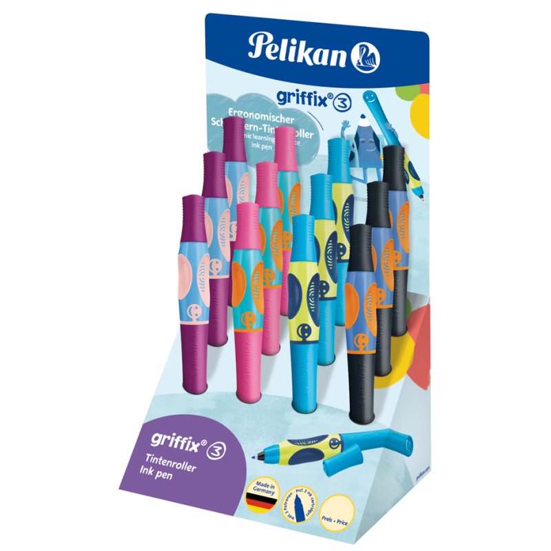 Pelikan griffix writing learning pens, display box, 12 pieces, blue lines, assorted colours