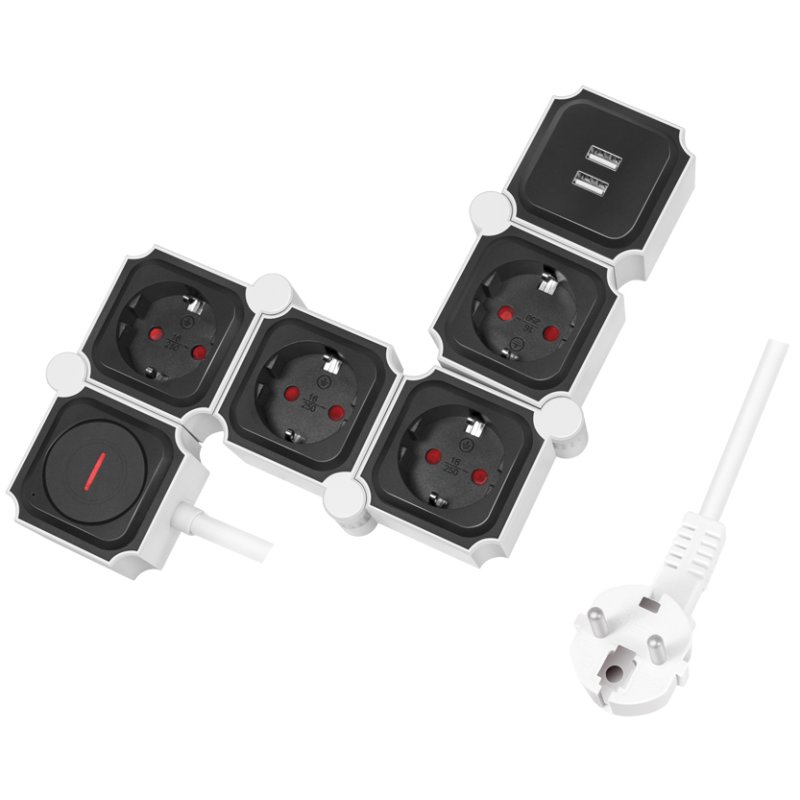 LogiLink multiprise flexible avec 2x USB, noir/blanc, 4 prises, 1,5 m