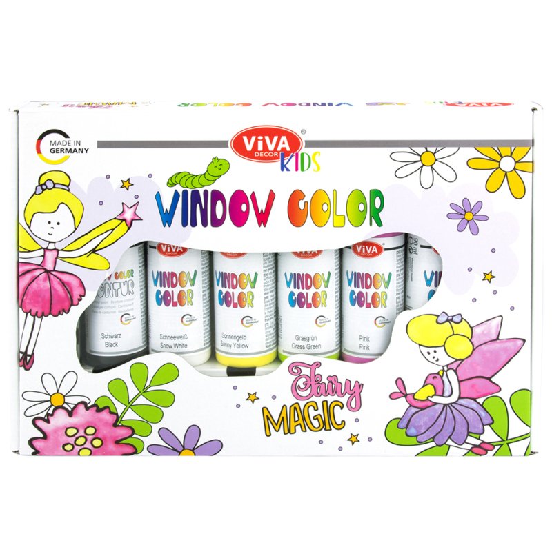 Viva Decor peinture vitrage Toverkracht, 6 couleurs x 90 ml, avec pochoir A3