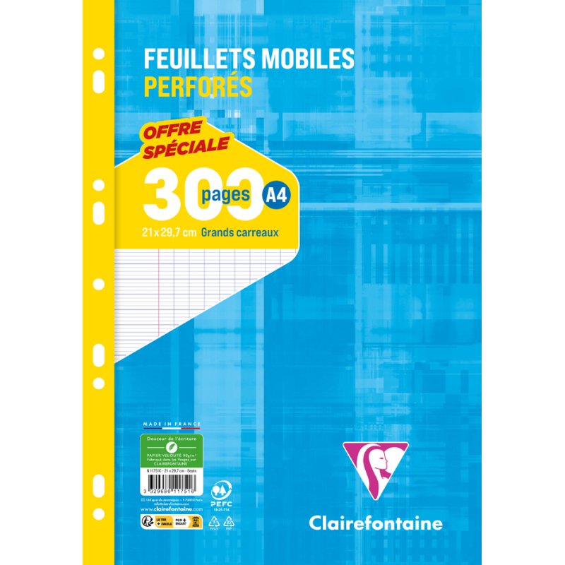 Clairefontaine feuilles mobiles perforées, A4, seyes, 90 g, 300 pages