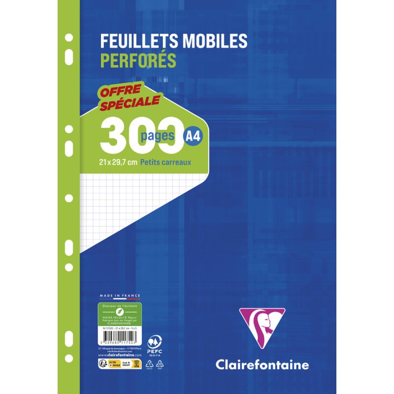 Clairefontaine feuilles mobiles perforées, A4, seyes, 90 g, 300 pages