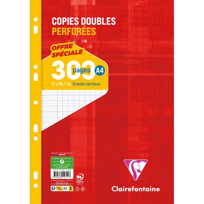 Clairefontaine Copies doubles perforées, A4, séyès, 90 g, 300 pages