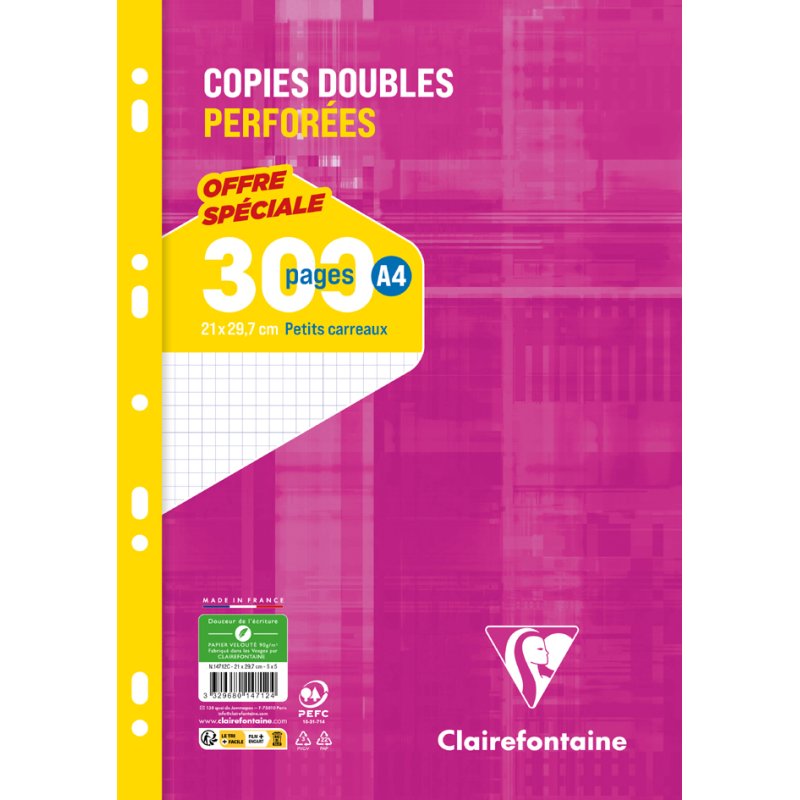 Clairefontaine Copies doubles perforées, A4, séyès, 90 g, 300 pages