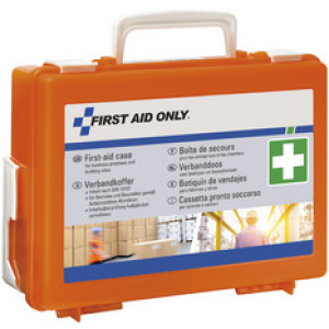 FIRST AID ONLY bedrijfsverbandtrommel DIN 13157, oranje, inclusief wandhouder