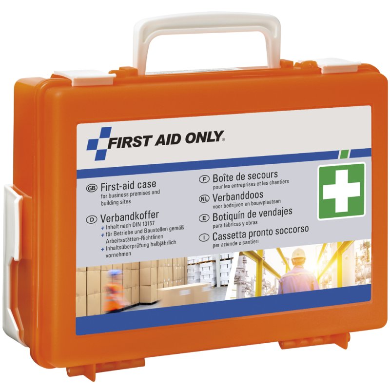 FIRST AID ONLY bedrijfsverbandtrommel DIN 13157, oranje, inclusief wandhouder