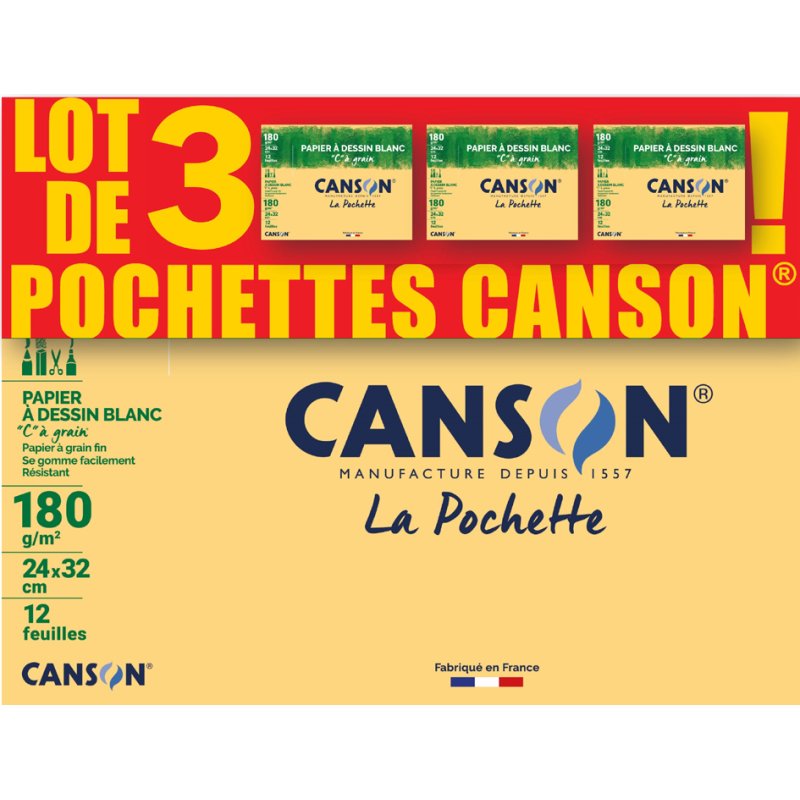 CANSON papier à dessin C à Grain & Mi-Teintes, ensemble 2 pièces, 240 × 320 mm, 24 feuilles