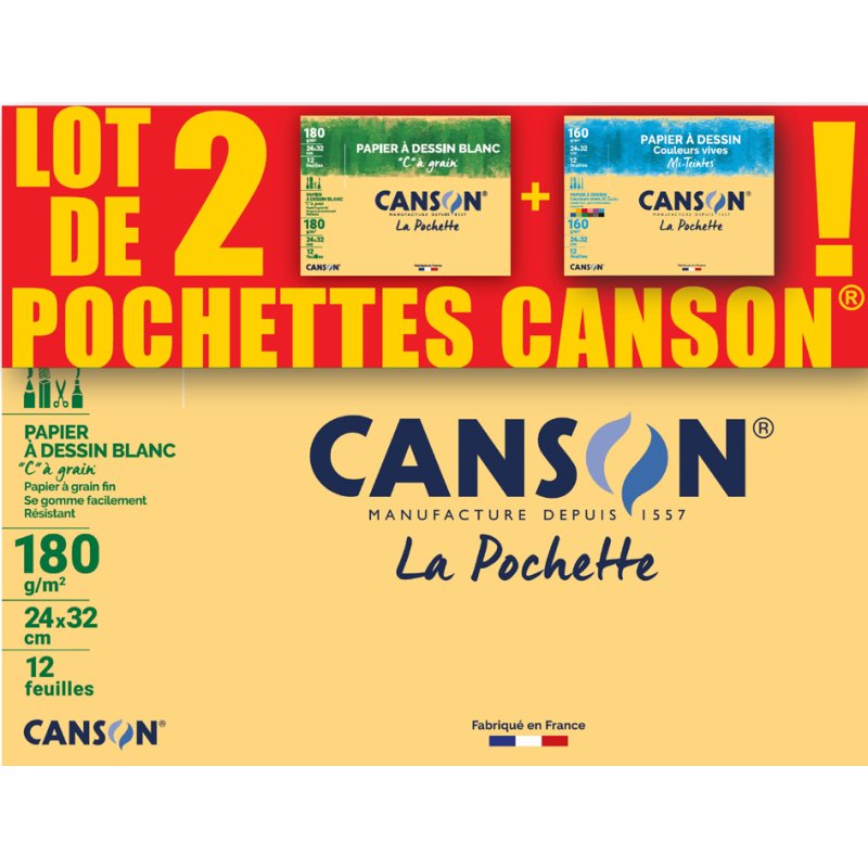 CANSON papier à dessin C à Grain & Mi-Teintes, ensemble 2 pièces, 240 × 320 mm, 24 feuilles