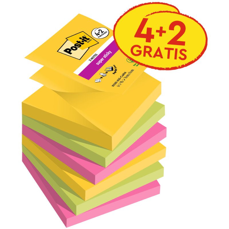 Post-it Z-Notes, yellow/green/pink, 90 sheets/pad, 6 pads