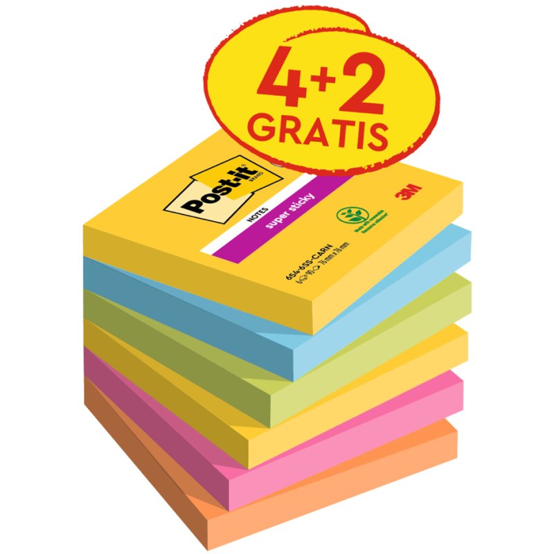 Post-it Carnival Collection notepads, yellow, green, blue, pink, orange, 76 x 76 mm, 6 pads