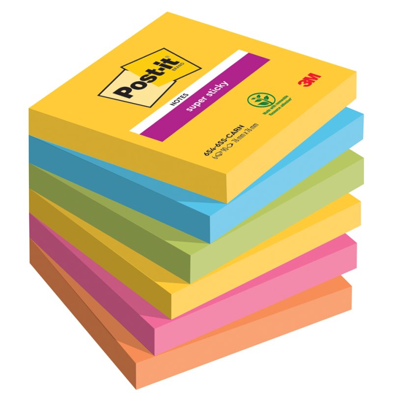 Post-it Super Sticky notes Carnival, 76×76 mm, couleurs carnival, 6 blocs