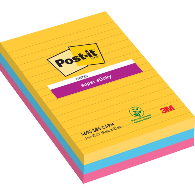 Post-it blocs-notes super sticky, ligné, 101×152 mm, 3 blocs